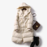 Casey | Women's Long Duck Down Puffer Coat with Belted Waist and Hood