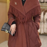 Juliette | Women's Mid-Length Duck Down Coat with Wool Fringe Lapel and Belted Waist