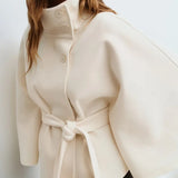 Novara | Women's Wool Blend Cape Coat with Stand Collar and Belted Waist