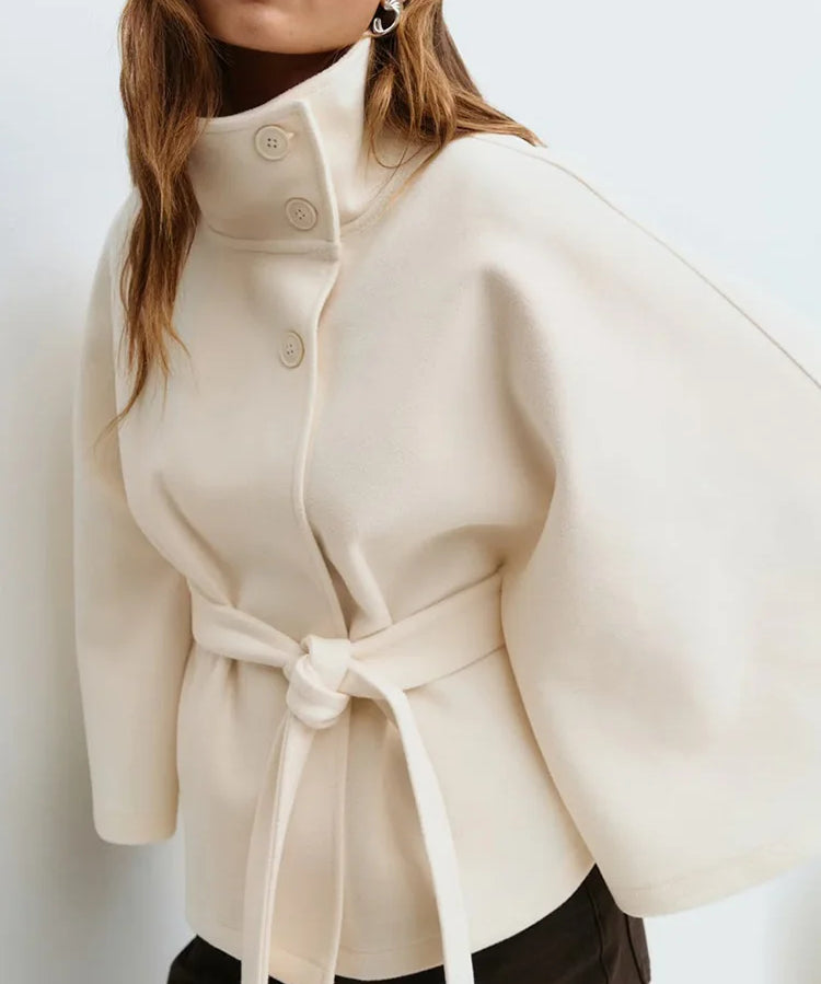 Novara | Women's Wool Blend Cape Coat with Stand Collar and Belted Waist