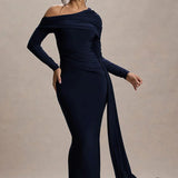 Evangeline | Women's One-Shoulder Ruched Midi Gown with Slim Fit