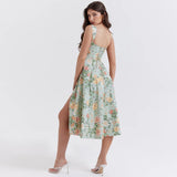 Ruth | Women's Floral Midi Dress with Corset Bodice and High Slit