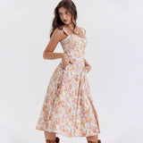 Ruth | Women's Floral Midi Dress with Corset Bodice and High Slit