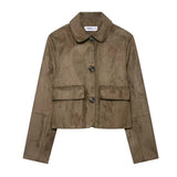Tatiana | Women's Cropped Faux-Suede Jacket with Lapel and Oversized Buttons