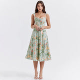 Ruth | Women's Floral Midi Dress with Corset Bodice and High Slit