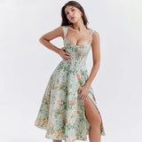 Ruth | Women's Floral Midi Dress with Corset Bodice and High Slit
