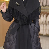 Juliette | Women's Mid-Length Duck Down Coat with Wool Fringe Lapel and Belted Waist