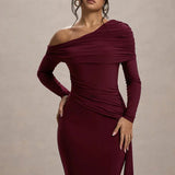 Evangeline | Women's One-Shoulder Ruched Midi Gown with Slim Fit