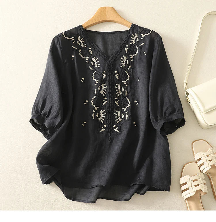 Eloria | Women Top With Cotton Linen Embroidery