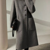 Rowan | Women's Wool Blend Long Overcoat with Polo Collar and Oversized Pockets