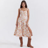 Ruth | Women's Floral Midi Dress with Corset Bodice and High Slit