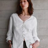 Maddie | Women Shirt With Linen Collarless V Neck