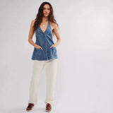 Alenza | Women's Denim Halter Vest with Snap Front Closure