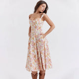 Ruth | Women's Floral Midi Dress with Corset Bodice and High Slit