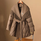 Juliette | Women's Mid-Length Duck Down Coat with Wool Fringe Lapel and Belted Waist