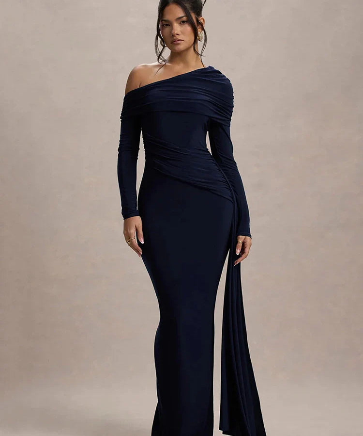 Evangeline | Women's One-Shoulder Ruched Midi Gown with Slim Fit