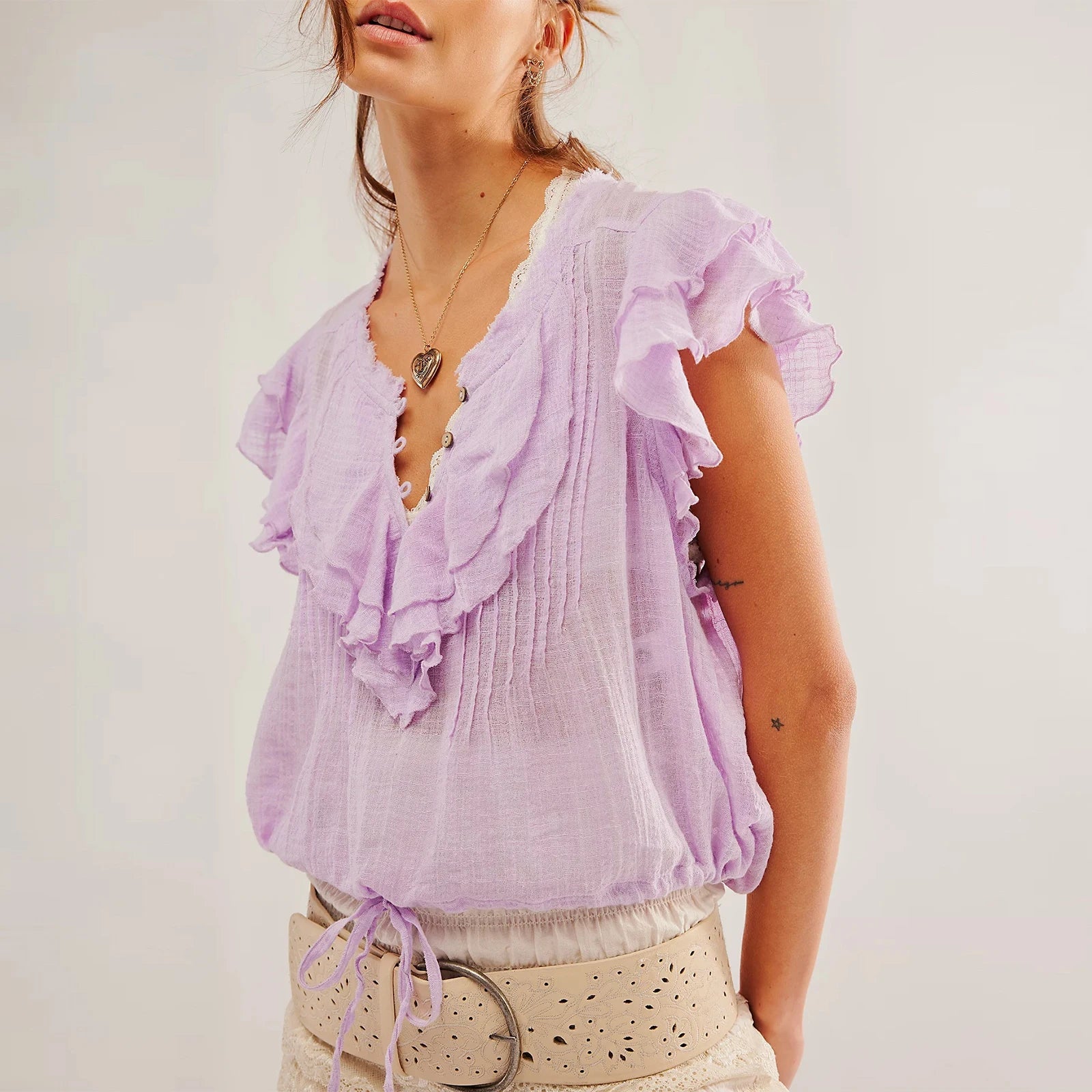 Hartley | Women Top With Cotton Gauze Ruffle Placket
