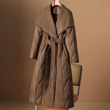 Margaux | Women's Long Quilted Duck Down Coat with Wool Shawl Collar and Tie Waist
