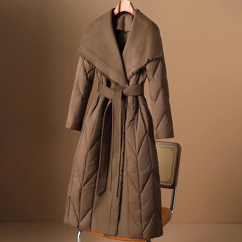 Margaux | Women's Long Quilted Duck Down Coat with Wool Shawl Collar and Tie Waist