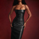 Rebecca | Women's Vegan Leather Knee-Length Dress with Slim Fit