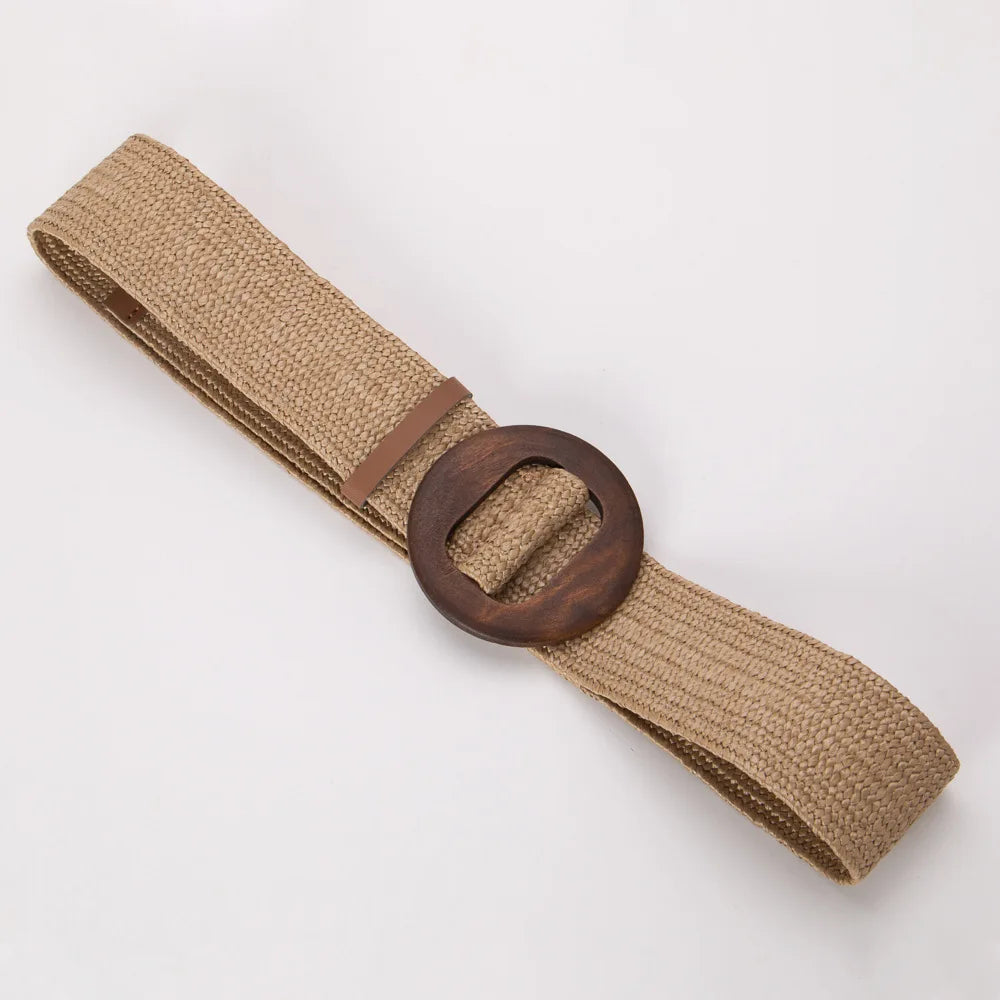 Calla | Women Belt with Woven Straw and Wood Buckle