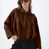 Wendy | Women's Suede Overshirt with Structured Lapel and Hidden Zip Closure