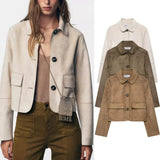 Tatiana | Women's Cropped Faux-Suede Jacket with Lapel and Oversized Buttons