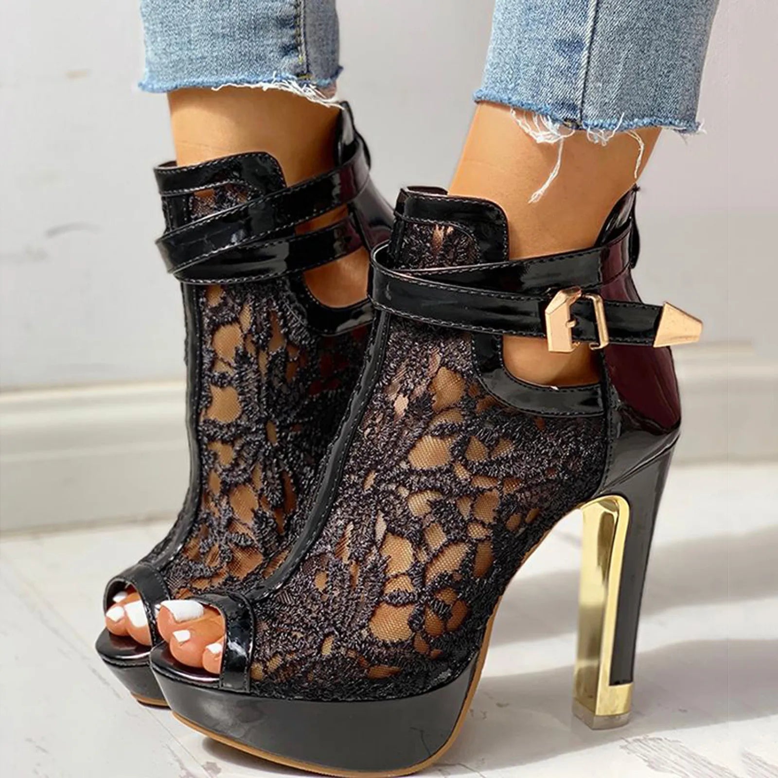 Elviera | Women's Lace Heels - Buckle Closure - Stiletto
