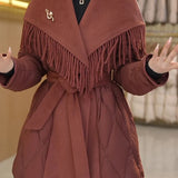 Juliette | Women's Mid-Length Duck Down Coat with Wool Fringe Lapel and Belted Waist