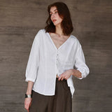 Maddie | Women Shirt With Linen Collarless V Neck