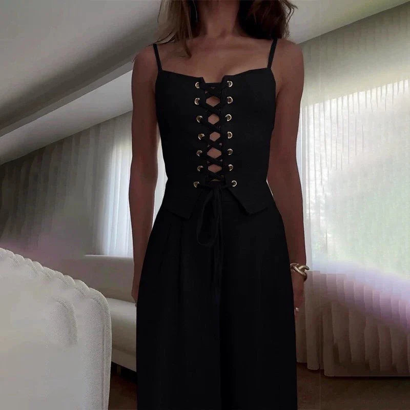 Frances | Women's Lace-Up Wide Leg Jumpsuit with Sleeveless Bodice