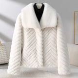 Liana | Women's Short Faux Mink Coat with Chevron Texture and Wide Lapel