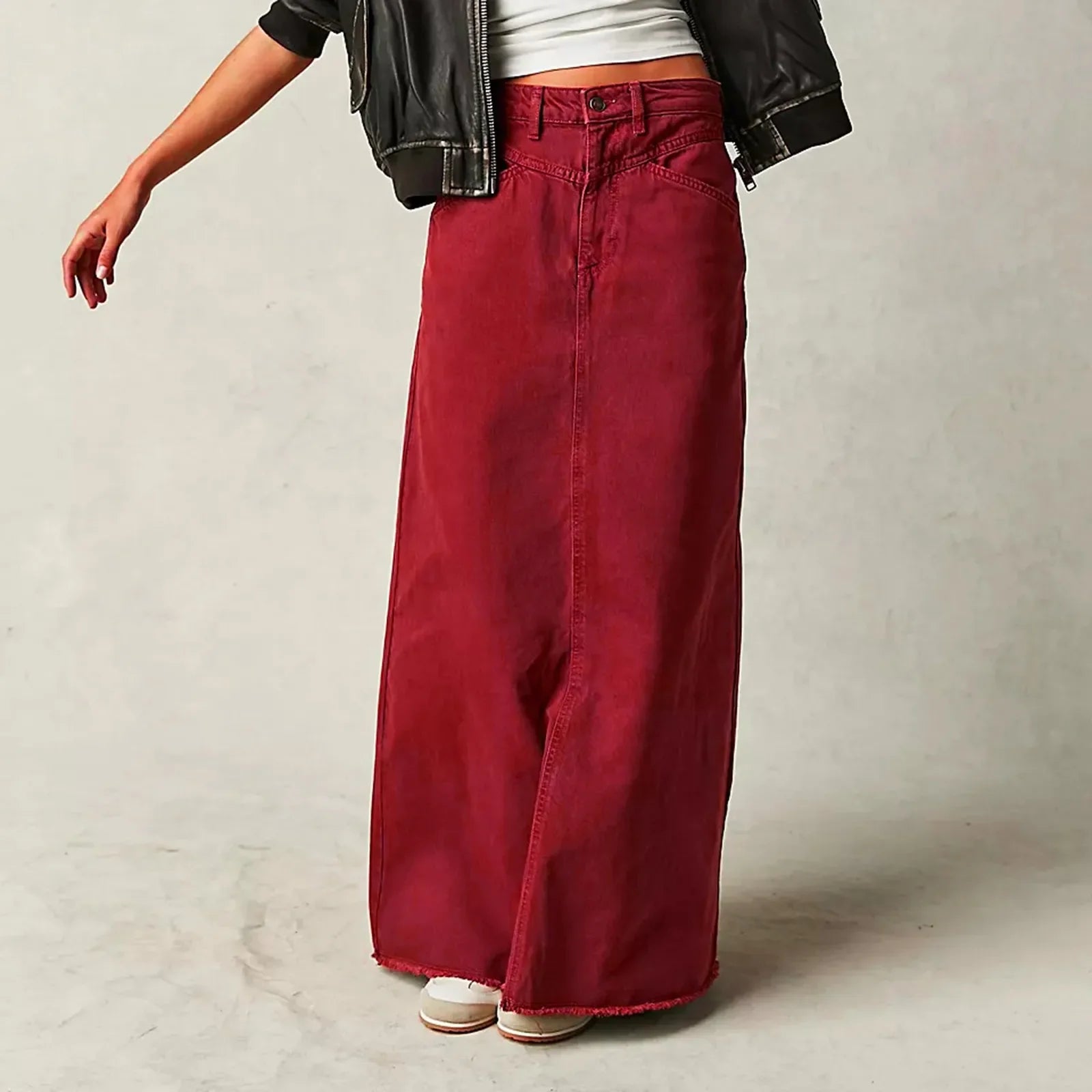 Iris | Women's Denim A-Line Maxi Skirt with Dropped Waist