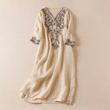 Vivica | Women's Embroidered Cotton Linen Midi Dress with V-Neck