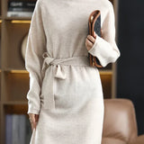 Isabella | Women's Wool Sweater Dress with High Neck and Waist Tie