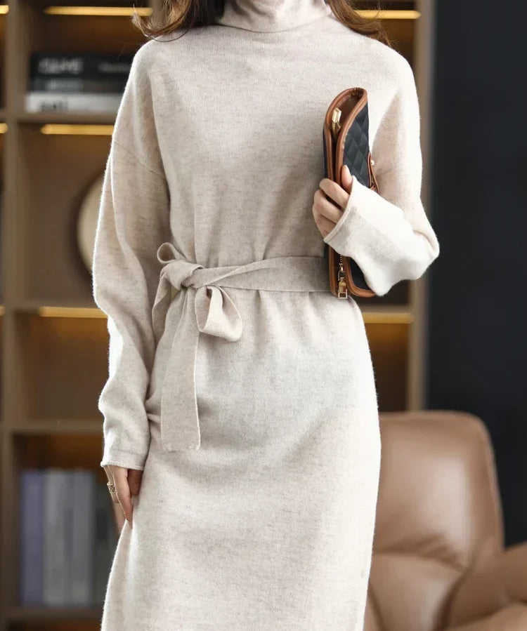 Isabella | Women's Wool Sweater Dress with High Neck and Waist Tie