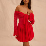 Scarlet | Women's Off-Shoulder Pleated Midi Dress with Flared Sleeves