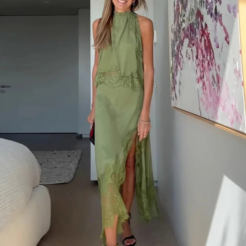 Isabelle | Women's Satin Lace Halter Dress
