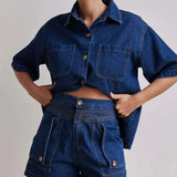Rowan | Women's Denim Two Piece Set Cargo Shorts