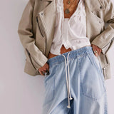 Isla | Women's Cropped Wide Leg Denim Pants with Drawstring Waist