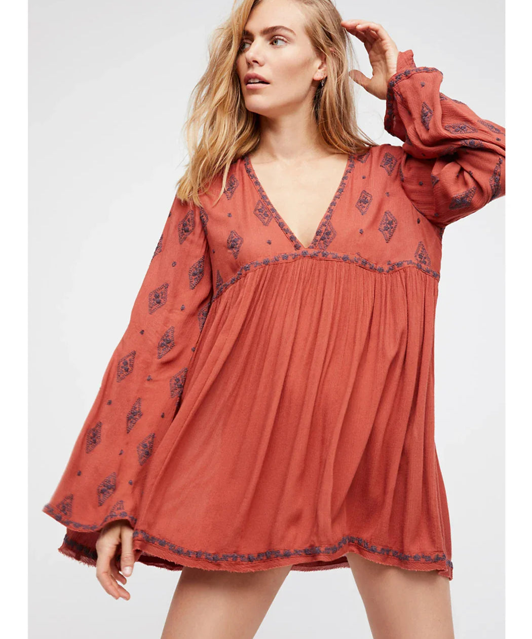 Lydia | Women's Embroidered Crinkle Cotton Mini Dress with V-Neck