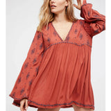 Lydia | Women's Embroidered Crinkle Cotton Mini Dress with V-Neck