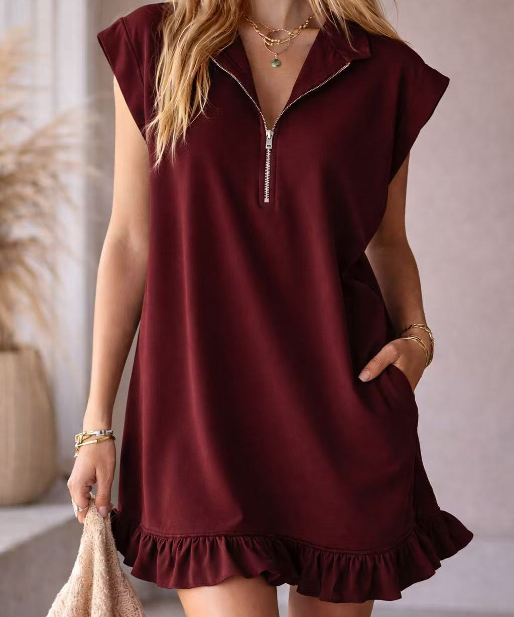 Elise | Women's T-Shirt Dress with Half Zip Collar and Ruffle Hem