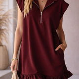 Elise | Women's T-Shirt Dress with Half Zip Collar and Ruffle Hem