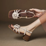 Soleil | Women Sandals with Square Toe and Flower