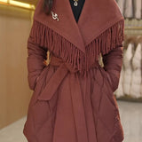 Juliette | Women's Mid-Length Duck Down Coat with Wool Fringe Lapel and Belted Waist