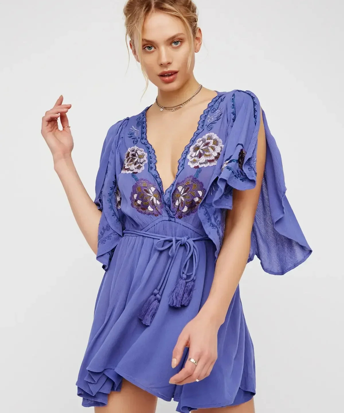 Fioretta | Women's Embroidered Deep V Mini Dress with Tassel Waist Tie