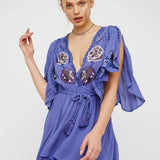 Fioretta | Women's Embroidered Deep V Mini Dress with Tassel Waist Tie
