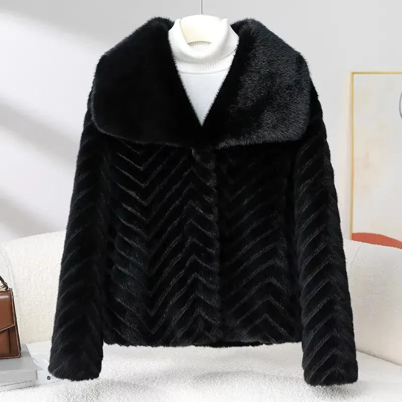 Liana | Women's Short Faux Mink Coat with Chevron Texture and Wide Lapel