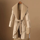Lillian | Women's Long Duck Down Coat with Wool Shawl Collar and Belted Waist